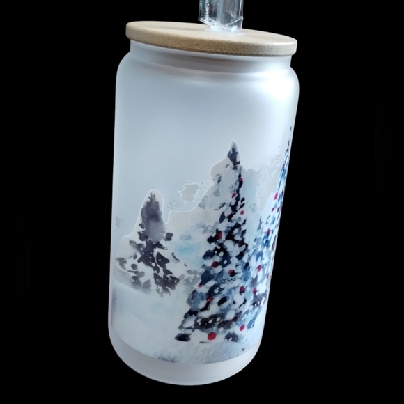 New handmade UVDTF White X-mas - Frosted Glass‎ Cup with Bamboo Lid & Straw - Picture 8 of 10